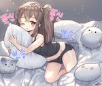  ;o artist_name bangs bare_arms bed_sheet black_camisole black_shorts blanket blush boyshorts brown_eyes brown_hair camisole eyebrows_visible_through_hair girls_frontline groin hair_ornament highres korean long_hair looking_at_viewer loungewear midriff on_bed one_eye_closed one_side_up open_mouth pillow pillow_hug scar scar_across_eye short_shorts shorts sleeveless solo sparkle stuffed_animal stuffed_cat stuffed_toy tandohark translated ump45_(girls_frontline) white_pillow 