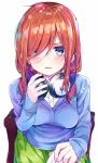  1girl absurdres blue_cardigan blue_eyes blurry blush breasts chair clothes_tug commentary_request depth_of_field eyes_visible_through_hair fingernails go-toubun_no_hanayome green_skirt hair_over_one_eye headphones headphones_around_neck highres long_hair long_sleeves looking_at_viewer medium_breasts nakano_miku parted_lips pov red_hair rouka_(akatyann) shiny shiny_hair shirt simple_background sitting skirt solo upper_body white_background white_shirt 