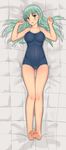  :d aqua_eyes aqua_hair ass_visible_through_thighs bangs bare_arms bare_legs bare_shoulders barefoot bed_sheet blue_swimsuit blush breasts collarbone competition_school_swimsuit covered_navel dakimakura eyebrows_visible_through_hair feet from_above full_body hair_ornament hairclip head_tilt highres jpeg_artifacts kantai_collection long_hair looking_at_viewer medium_breasts nail_polish one-piece_swimsuit open_mouth pink_nails revision smile soles solo soushou_nin suzuya_(kantai_collection) swimsuit toenail_polish toes w_arms 