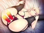  1girl anal anal_object_insertion areolae ass bed black_legwear blonde_hair blue_eyes breastless_clothes breasts candle censored crotchless_panties earrings embarrassed eyebrows eyebrows_visible_through_hair fire game_cg garter_straps half-closed_eyes highres legs legs_up lingerie long_hair looking_at_viewer lying medium_breasts mosaic_censoring navel nipples object_insertion on_back on_bed oohara_kyuutarou original panties pussy pussy_juice seishukujo_he_no_aiiku_choukyou:_somerareru_junketsu solo thighhighs thighs underwear vaginal_object_insertion wet 