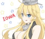  ahoge blonde_hair blue_eyes breasts cleavage front-tie_top hair_between_eyes headgear hoshino_kagari iowa_(kantai_collection) kantai_collection large_breasts long_hair looking_at_viewer sleeveless star star-shaped_pupils symbol-shaped_pupils tongue tongue_out 