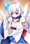  animal_ears azur_lane bad_id bad_pixiv_id bangs blue_eyes blue_skirt blush breasts cleavage commentary_request cowboy_shot fox_ears fox_tail hajime_(ak-r) hakama_skirt japanese_clothes kaga_(azur_lane) large_breasts long_sleeves looking_at_viewer multiple_tails parted_lips short_hair skirt smile solo tail white_hair wide_sleeves 