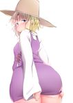  ass blonde_hair blue_eyes blush covering covering_ass from_behind hat highres long_sleeves looking_at_viewer looking_back miniskirt moriya_suwako purple_skirt shishi_juuroku short_hair skirt skirt_set sleeves_past_wrists touhou white_background 