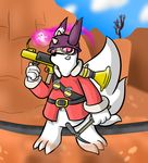  2017 alternate_color am_hydra armor barefoot biped clothed clothing cosplay digital_media_(artwork) explosives fur ghost grenade helmet holding_object holding_weapon looking_at_viewer markings nintendo pok&eacute;mon pok&eacute;mon_(species) purple_fur purple_markings ranged_weapon red_eyes rocket_launcher smile soldier_(team_fortress_2) solo spirit team_fortress_2 toony valve video_games weapon white_fur zangoose 