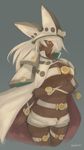  absurdres akahuzi bangs belt belt_buckle beltbra breasts brown_eyes buckle cape dark_skin guilty_gear guilty_gear_xrd hair_between_eyes hat highres long_hair medium_breasts midriff navel ramlethal_valentine short_shorts shorts solo thigh_strap underboob very_dark_skin white_hair 