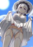  absurdres ass_visible_through_thighs azur_lane bangs blue_eyes blue_sky blunt_bangs blush breasts bright_pupils cameltoe cleavage closed_mouth cloud day dress dress_lift dutch_angle expressionless from_below garter_belt groin hat highres illustrious_(azur_lane) large_breasts legs_apart lens_flare lifted_by_self long_hair looking_at_viewer looking_down low_twintails nanase_rin_(8021582) outdoors panties silver_hair sky solo standing sun sun_hat sunlight thighhighs twintails underwear weibo_username white_dress white_hat white_legwear white_panties 