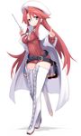  aty_(summon_night) belt beret blue_eyes blush book boots breasts cape dress hat highres karukan_(monjya) large_breasts long_hair long_sleeves looking_at_viewer red_hair red_sweater smile solo summon_night summon_night_3 sweater sword thigh_boots thighhighs weapon white_footwear white_legwear 