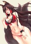  :d akagi_(azur_lane) animal_ears azur_lane bikini bikini_pull black_hair black_scrunchie blush breasts collarbone commentary_request cowboy_shot dutch_angle fox_ears fox_tail hair_tubes kirisaki_byakko large_breasts long_hair looking_at_viewer multiple_tails navel open_mouth pulled_by_self red_bikini red_eyes scrunchie smile solo stomach swimsuit tail wrist_scrunchie 