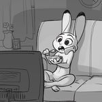  2017 anthro buckteeth casual_nudity cereal crossed_legs dipstick_ears disney eating female flower food fuel_(artist) greyscale holding_object inside judy_hopps lagomorph mammal monochrome nude open_mouth phone phone_call photo plant pussy rabbit sitting sofa solo teeth television watching_tv zootopia 