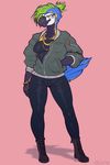  2017 anthro avian backless_gloves beak biped bird black_beak black_bottomwear black_clothing black_feathers black_topwear blue-and-yellow_macaw blue_feathers blue_tail boots bracelet breasts cheek_tuft chest_tuft clothed clothing digital_drawing_(artwork) digital_media_(artwork) dovne eyelashes feather_tuft feathers female fingerless_gloves footwear front_view full-length_portrait gloves gold_(metal) gold_jewelry green_eyes green_hair grey_clothing grey_topwear hair hair_bun half-closed_eyes hand_in_pocket jewelry macaw medium_breasts multicolored_feathers necklace non-mammal_breasts open_beak open_jacket open_mouth open_smile pants parrot pink_background portrait shadow shirt short_hair simple_background slim smile solo standing tail_feathers tank_top tuft two_tone_tail undercut white_feathers yellow_feathers yellow_tail 