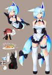  animal_ears asymmetrical_legwear bare_shoulders black_hair blue_hair blush breasts cleavage cleavage_cutout elbow_gloves fox_ears fox_tail full_body gloves hair_ornament hair_over_one_eye hairclip highres holster japanese_clothes korigitsune lifted_by_self long_hair looking_at_viewer maid medium_breasts multiple_girls multiple_views one_eye_closed original red_hair short_hair simple_background single_thighhigh skirt skirt_lift tail thigh_holster thighhighs 