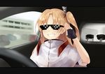  azur_lane bangs black_gloves blonde_hair capelet car_interior cleveland_(azur_lane) commentary_request deal_with_it fingerless_gloves gloves grin meme one_side_up parted_bangs salute smile solo sukemyon sunglasses teeth white_capelet 