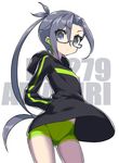  alternate_costume amagiri_(kantai_collection) ass_visible_through_thighs bike_shorts black_eyes black_hair character_name commentary_request cowboy_shot glasses hands_in_pockets hood hooded_sweater in-ear_earphones itsumo_nokoru kantai_collection long_hair looking_at_viewer ponytail semi-rimless_eyewear shorts solo sweater under-rim_eyewear 