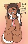  2017 anon232 anthro bittersweet_candy_bowl blush breasts brown_fur brown_hair cat clothed clothing dialogue digital_media_(artwork) english_text feline female fur grin hair looking_at_viewer mammal molly_(bcb) one_eye_closed presenting presenting_pussy pussy selfie simple_background sitting smile solo teenager text webcomic white_fur wink young 