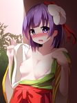  bad_id bad_pixiv_id bare_shoulders blush breasts collarbone commentary_request flower hair_flower hair_ornament hair_ribbon hajime_(ak-r) hieda_no_akyuu japanese_clothes kimono looking_at_viewer nipples nose_blush parted_lips purple_eyes purple_hair ribbon short_hair small_breasts solo touhou 