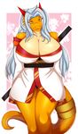  2017 aisyah_zaskia_harnny anthro biped black_eyebrows breasts cleavage clothed clothing countershade_tail countershade_torso countershading digital_media_(artwork) dragon eyebrows eyelashes female front_view grey_hair hair harnny hi_res horn japanese_clothing kimono long_hair long_tail looking_at_viewer multicolored_scales multicolored_tail non-mammal_breasts portrait red_horn scales scalie signature smile solo standing tail_ring tan_countershading tan_scales tan_tail thick_tail three-quarter_portrait two_tone_scales two_tone_tail white_clothing white_topwear yellow_eyes yellow_scales yellow_tail 