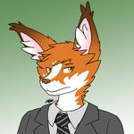  2017 anthro avatar_guy brown_fur brown_nose browniecomicwriter canine clothing countershading fox fur gradient_background green_eyes inner_ear_fluff jacket male mammal necktie orange_fur portrait signature simple_background solo suit white_countershading white_fur yellow_eyes 