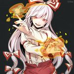  bad_id bad_pixiv_id bangs banned_artist black_background blunt_bangs bow buttons collared_shirt commentary_request fire fujiwara_no_mokou hair_bow long_hair long_sleeves looking_at_viewer nail_polish ofuda pants red_eyes red_nails red_pants shirt simple_background smile solo touhou twitter_username very_long_hair white_background white_shirt wing_collar yuge_mugito 