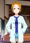  artist_request collarbone hair_ornament hairclip hands_on_hips looking_at_viewer love_live! love_live!_school_idol_festival love_live!_sunshine!! official_art open_clothes orange_hair red_eyes short_hair shorts smile solo takami_mito 