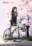  ass_visible_through_thighs bicycle bicycle_helmet bike_jersey black_gloves blush brown_hair cannondale cherry_blossoms day fingerless_gloves full_body gloves green_eyes ground_vehicle headwear_removed helmet helmet_removed high_heels highres hitomi_kazuya idolmaster idolmaster_cinderella_girls long_hair open_mouth outdoors petals shibuya_rin smile solo standing 