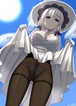  absurdres ass_visible_through_thighs azur_lane bangs black_legwear blue_eyes blue_sky blunt_bangs blush breasts bright_pupils cameltoe cleavage closed_mouth cloud day dress dress_lift dutch_angle expressionless from_below groin hat highres illustrious_(azur_lane) large_breasts legs_apart lens_flare lifted_by_self long_hair looking_at_viewer looking_down low_twintails nanase_rin_(8021582) outdoors panties panties_under_pantyhose pantyhose silver_hair sky solo sun sun_hat sunlight thighband_pantyhose twintails underwear weibo_username white_dress white_hat white_panties 