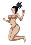  1girl alone bikini black_eyes black_hair breasts cleavage curvy dragon_ball dragon_ball_super feet female happy hips kale_(dragon_ball) large_breasts lipstick navel ponytail red_lips saiyan simple_background smile solo stomach tanned tanned_skin thighs white_background 