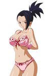  1girl alone black_eyes black_hair bra breasts cleavage curvy dragon_ball dragon_ball_super female kale_(dragon_ball) lipstick navel panties ponytail red_lips saiyan simple_background solo stomach tanned tanned_skin thighs undressing white_background 