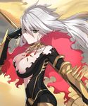  bangs bodysuit breasts closed_mouth collar commentary_request day expressionless eyebrows_visible_through_hair fate/apocrypha fate/grand_order fate_(series) floating_hair from_side genderswap genderswap_(mtf) green_eyes grey_hair hair_between_eyes holding holding_weapon k_jin karna_(fate) large_breasts long_hair looking_at_viewer outdoors polearm shawl solo spiked_collar spikes tsurime upper_body weapon 