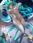 1girl absurdres angel_wings breasts green_eyes green_hair highres league_of_legends legs magical_girl medium_breasts nipples nude pussy sakimichan solo soraka staff star_guardian_soraka stomach thigh_gap thighhighs thighs 