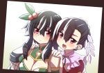  2girls :d bangs bare_shoulders black_gloves black_hair blush braid breasts brown_hair character_request china_dress chinese_clothes cleavage cleavage_cutout closed_mouth dress eyebrows_visible_through_hair flower_knight_girl gajumaru_(flower_knight_girl) gloves green_dress hair_between_eyes hair_ornament hand_up hands_on_another&#039;s_shoulders hands_up long_hair looking_at_viewer medium_breasts mizunashi_(second_run) multicolored_hair multiple_girls open_mouth red_eyes red_hair sleeveless sleeveless_dress smile streaked_hair 