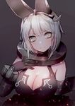  animal_ears bangs black_gloves blush breasts cleavage closed_mouth collar elbow_gloves elphelt_valentine eyebrows_visible_through_hair girls_frontline gloves grey_eyes grey_hair guilty_gear guilty_gear_xrd hanato_(seonoaiko) hand_on_own_chest hand_up large_breasts looking_at_viewer short_hair sidelocks smile solo spoilers tank_top upper_body 