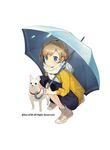  blonde_hair blue_eyes chihuahua closed_mouth dog holding holding_umbrella long_sleeves looking_at_viewer misoni_comi original scarf shirt shoes short_hair shorts simple_background solo squatting umbrella water_drop watermark white_background white_scarf yellow_shirt 