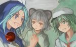  :d animal_ears blue_eyes blue_hair blue_sailor_collar cloud cloudy_sky cookie_(touhou) eyepatch green_eyes green_hair grey_hair grey_sky grin highres hood hood_up jewelry kumoi_ichirin looking_at_another mouse_ears multiple_girls murasa_minamitsu nazrin neckerchief necklace one_eye_covered open_mouth outdoors red_eyes red_neckwear sailor_collar school_uniform serafuku short_hair sky smile solidstatesurvivor touhou vest zun_hat 