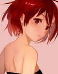  absurdres ahoge bangs bare_shoulders blush close-up closed_mouth face from_behind from_side highres leiq lips looking_at_viewer looking_back looking_to_the_side original pink_background red_eyes red_hair short_hair simple_background solo strapless tareme upper_body 