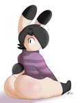  2017 ambiguous_gender big_butt bottomless breasts butt clothed clothing cute digitalpelican dumbun fur hair hair_over_eye huge_butt lagomorph looking_at_viewer mammal mouthless rabbit simple_background sitting solo sweater 