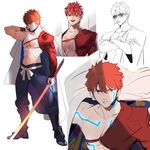  bare_chest character_sheet emiya_shirou fate/grand_order fate_(series) glowing_tattoo igote juer1004 limited/zero_over male_focus orange_hair single_bare_shoulder sword weapon yellow_eyes 