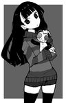  bangs blunt_bangs doll dowman_sayman greyscale highres long_hair looking_at_viewer monochrome sasa_kazamori shorts sleeves_past_wrists solo striped striped_sweater sweater thighhighs un-go 