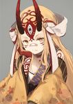  bandaid bandaid_on_face bandaid_on_nose blonde_hair chin_rest closed_mouth commentary_request facial_tattoo fang_out fate/grand_order fate_(series) floral_print forehead grey_background hand_on_own_cheek hand_up horns ibaraki_douji_(fate/grand_order) japanese_clothes kimono long_hair oni_horns pointy_ears roll_okashi sidelocks simple_background solo tattoo wide_sleeves yellow_eyes yellow_kimono 
