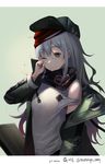  bandana bangs blush brown_eyes character_name commentary copyright_name flat_cap g11_(girls_frontline) girls_frontline gradient_hair grey_hair hair_between_eyes hat highres jacket letterboxed long_hair multicolored_hair open_clothes open_jacket osuti parted_lips purple_hair rubbing_eyes sidelocks solo tank_top twitter_username upper_body wavy_hair 