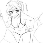  :o bangs blush breasts collarbone eyebrows_visible_through_hair greyscale hand_on_hip highres large_breasts leaning_forward migchip monochrome navel original outdoors rock side_ponytail sidelocks sketch solo v-shaped_eyebrows 