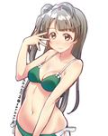  bangs bare_arms bare_shoulders bikini blunt_bangs blush breasts brown_hair cleavage collarbone eyebrows_visible_through_hair green_bikini hair_ornament hairclip hand_up long_hair looking_at_viewer love_live! love_live!_school_idol_project medium_breasts minami_kotori navel one_side_up ribbon shiny shiny_hair side-tie_bikini simple_background skull573 smile solo stomach swimsuit tareme upper_body very_long_hair white_background white_ribbon yellow_eyes 