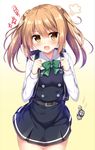  :o anger_vein angry backpack bag belt breasts collared_shirt commentary cowboy_shot crime_prevention_buzzer double_bun dress eyebrows_visible_through_hair green_neckwear highres kantai_collection light_brown_hair long_sleeves looking_at_viewer michishio_(kantai_collection) open_mouth pinafore_dress randoseru remodel_(kantai_collection) school_uniform searchlight shirt short_twintails simple_background small_breasts solo tomoo_(tomo) twintails v-shaped_eyebrows white_background white_shirt yellow_eyes 