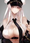  absurdres apt azur_lane bare_shoulders black_neckwear breasts cleavage cleavage_cutout closed_mouth clothes_pull enterprise_(azur_lane) expressionless grey_background hair_between_eyes hat highres large_breasts long_hair long_sleeves looking_at_viewer necktie off_shoulder peaked_cap purple_eyes shiny shiny_skin silver_hair simple_background solo unbuttoned upper_body very_long_hair white_hat wing_collar 