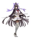  armor armored_boots bangs black_hair boots bow bowtie breasts capelet commentary eyebrows_visible_through_hair full_body gauntlets hair_bow halberd hayama_kazusa highres holding holding_weapon katana large_breasts long_hair looking_at_viewer original panties pantyhose pleated_skirt polearm ponytail simple_background skirt smile solo standing sword thigh_boots thighhighs underwear very_long_hair weapon white_background 