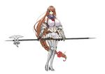  absurdly_long_hair armor armored_boots bangs bare_shoulders boots bow bowtie braid breasts commentary eyebrows_visible_through_hair flower full_body gauntlets hair_flower hair_ornament halberd hayama_kazusa holding holding_weapon huge_breasts long_hair looking_at_viewer original pleated_skirt polearm simple_background single_braid skirt sleeveless solo standing thigh_boots thighhighs turtleneck very_long_hair weapon white_background zettai_ryouiki 