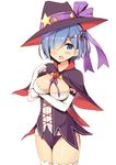  alternate_costume black_cape black_hat black_leotard blue_eyes blue_hair blush bow breast_hold breasts cape cleavage commentary_request elbow_gloves fang gloves hair_ornament hair_over_one_eye hairclip halloween_costume hat hat_bow leotard medium_breasts mori_airi purple_bow re:zero_kara_hajimeru_isekai_seikatsu rem_(re:zero) shiny shiny_hair shiny_skin short_hair simple_background solo standing star tareme thighhighs thighs white_background white_gloves white_legwear witch_hat 