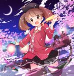  :d aircraft airplane blurry brown_eyes brown_hair cherry_blossoms commentary_request crescent_moon depth_of_field fang japanese_clothes kantai_collection kariginu long_hair looking_at_viewer machinery magatama moon night night_sky open_mouth pleated_skirt remodel_(kantai_collection) ryuujou_(kantai_collection) skirt sky smile solo star_(sky) starry_moon starry_sky tobi_(nekomata_homara) turret twintails visor_cap 
