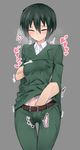  1girl belt black_hair blush debutya_aki dress_shirt female_ejaculation fingering frown grabbing grabbing_from_behind green_eyes hand_under_clothes kino kino_no_tabi molestation orgasm pants sfx short_hair simple_background suit sweat tomboy 