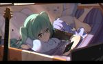  bangs barefoot blanket chromatic_aberration earbuds earphones electric_guitar green_eyes green_hair guitar hatsune_miku highres indoors instrument letterboxed long_hair lying monitor mouth_hold pillow solo twintails vocaloid wallpaper zhayin-san 