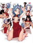  1girl abs ass barefoot black_hair blue_hair breast_grab breasts breasts_apart breasts_outside cat china_dress chinese_clothes couple covering covering_breasts double_bun dress fairy_tail gajeel_redfox grabbing hair_bun heart hetero highres levy_mcgarden looking_at_viewer medium_breasts pantherlily pasties pasties_removed rusky sequential spiked_hair wings x_pasties 